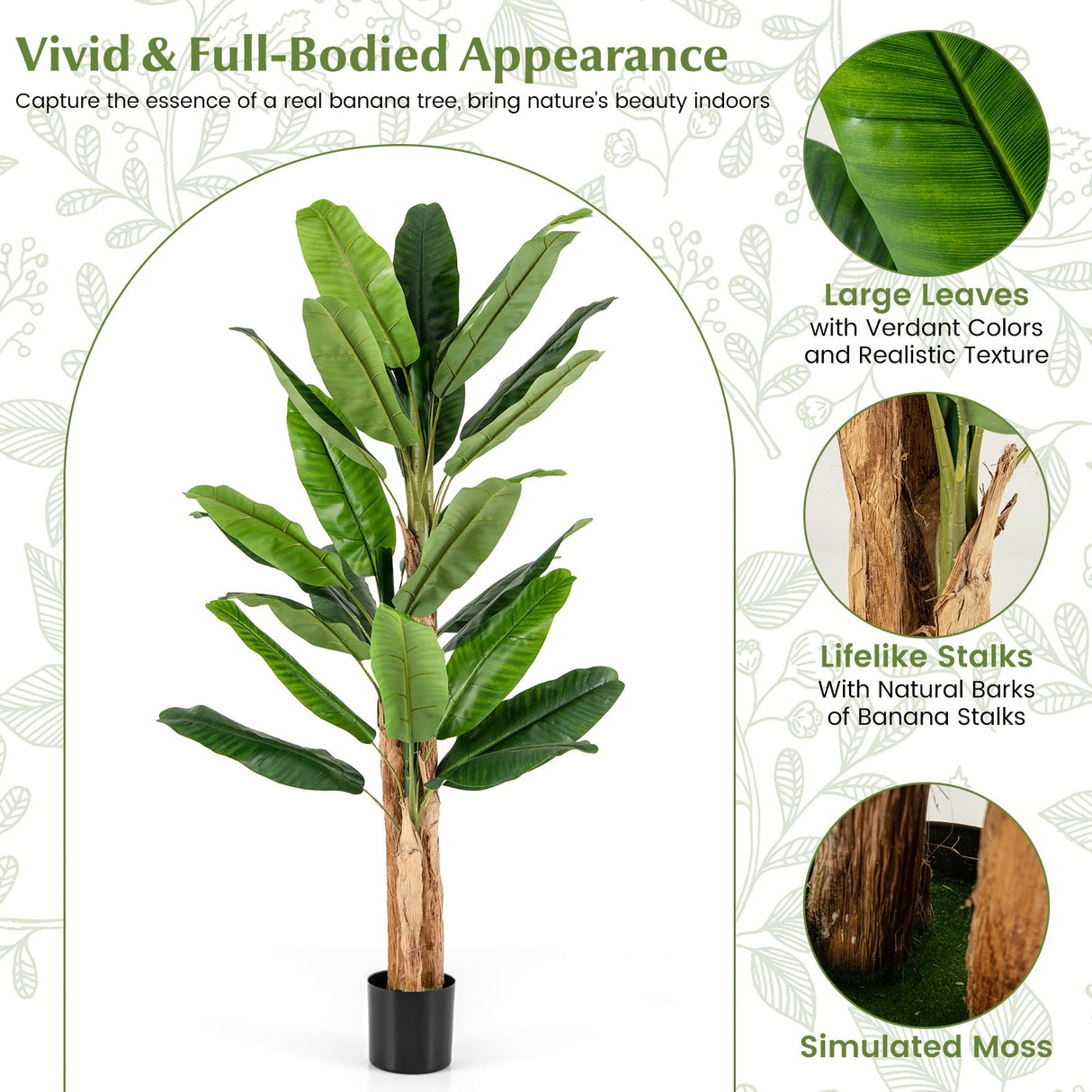 Árbol de plátano artificial de 5.5/6.5 pies de alto con 10/27 hojas grandes