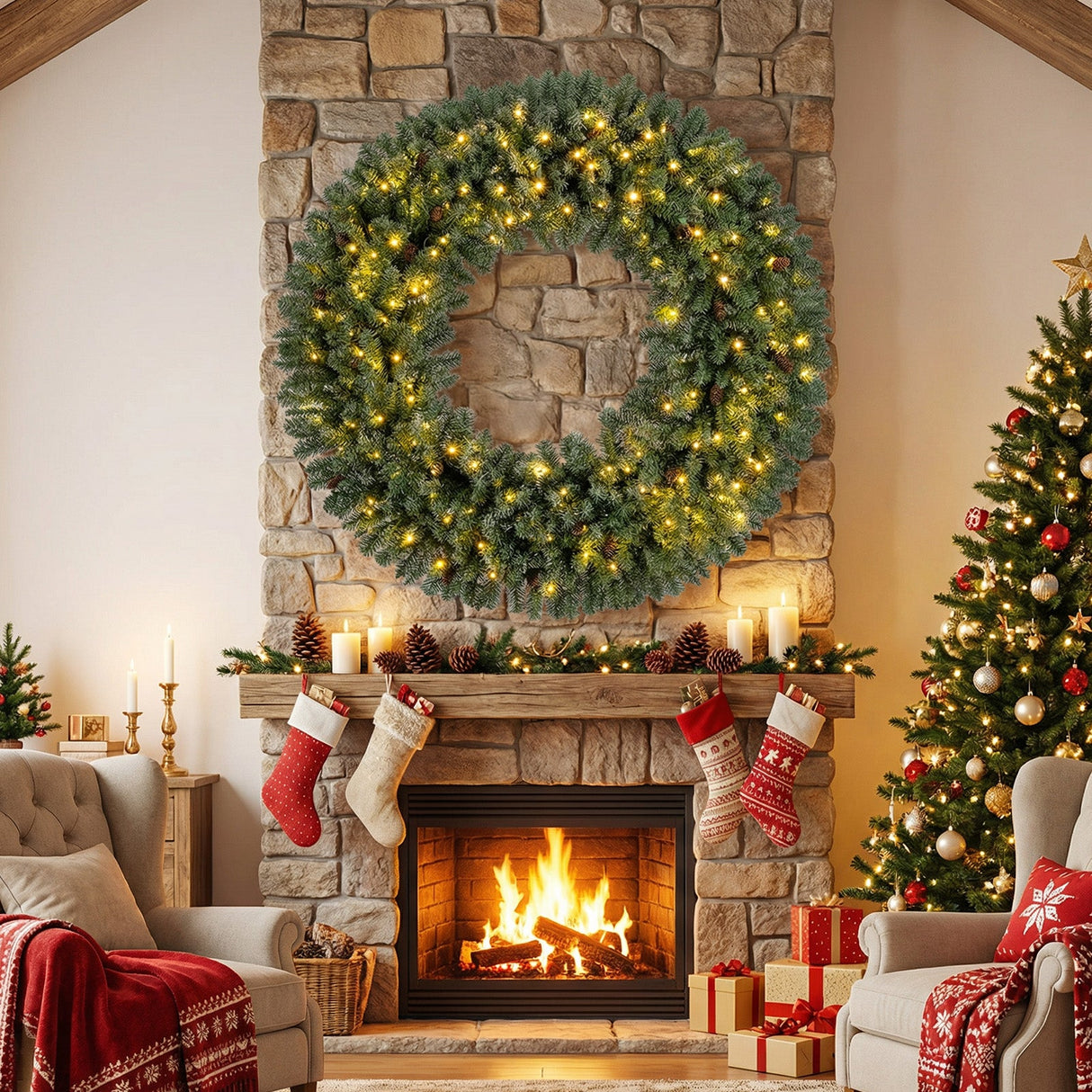 Corona de Navidad Artificial Preiluminada de 60 Pulgadas 200 Luces LED Blanco Cálido
