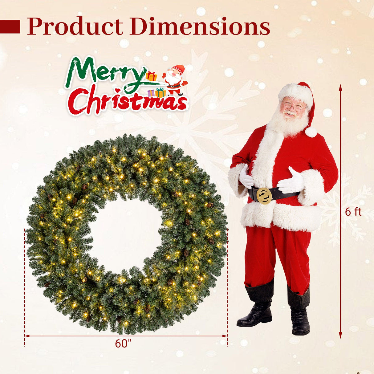 Corona de Navidad Artificial Preiluminada de 60 Pulgadas 200 Luces LED Blanco Cálido