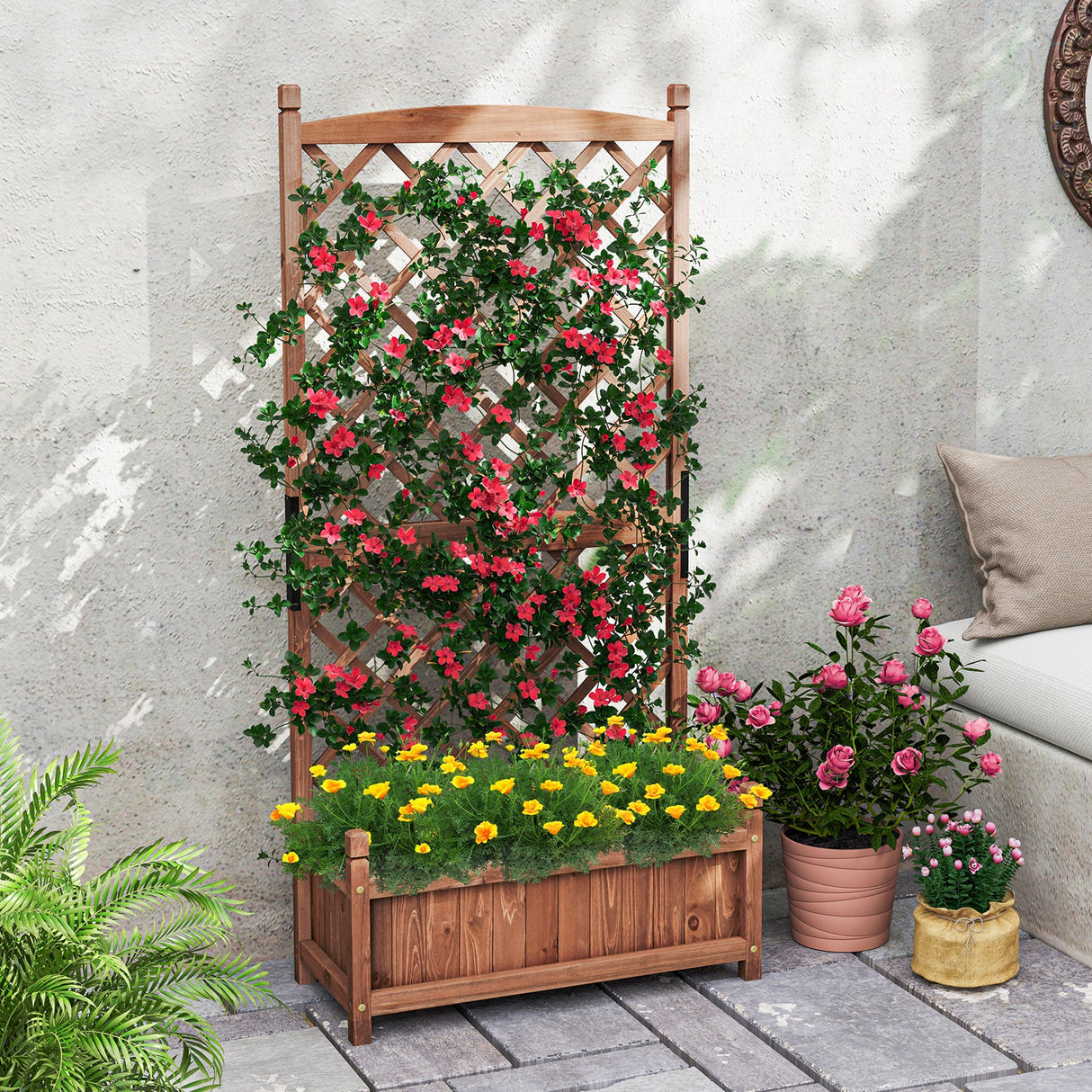Mesa de cultivo de 152 cm de altura con enrejado de celosía en forma de diamante y orificios de drenaje