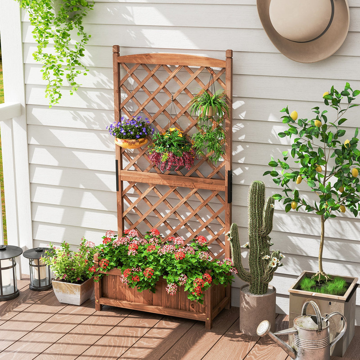 Mesa de cultivo de 152 cm de altura con enrejado de celosía en forma de diamante y orificios de drenaje