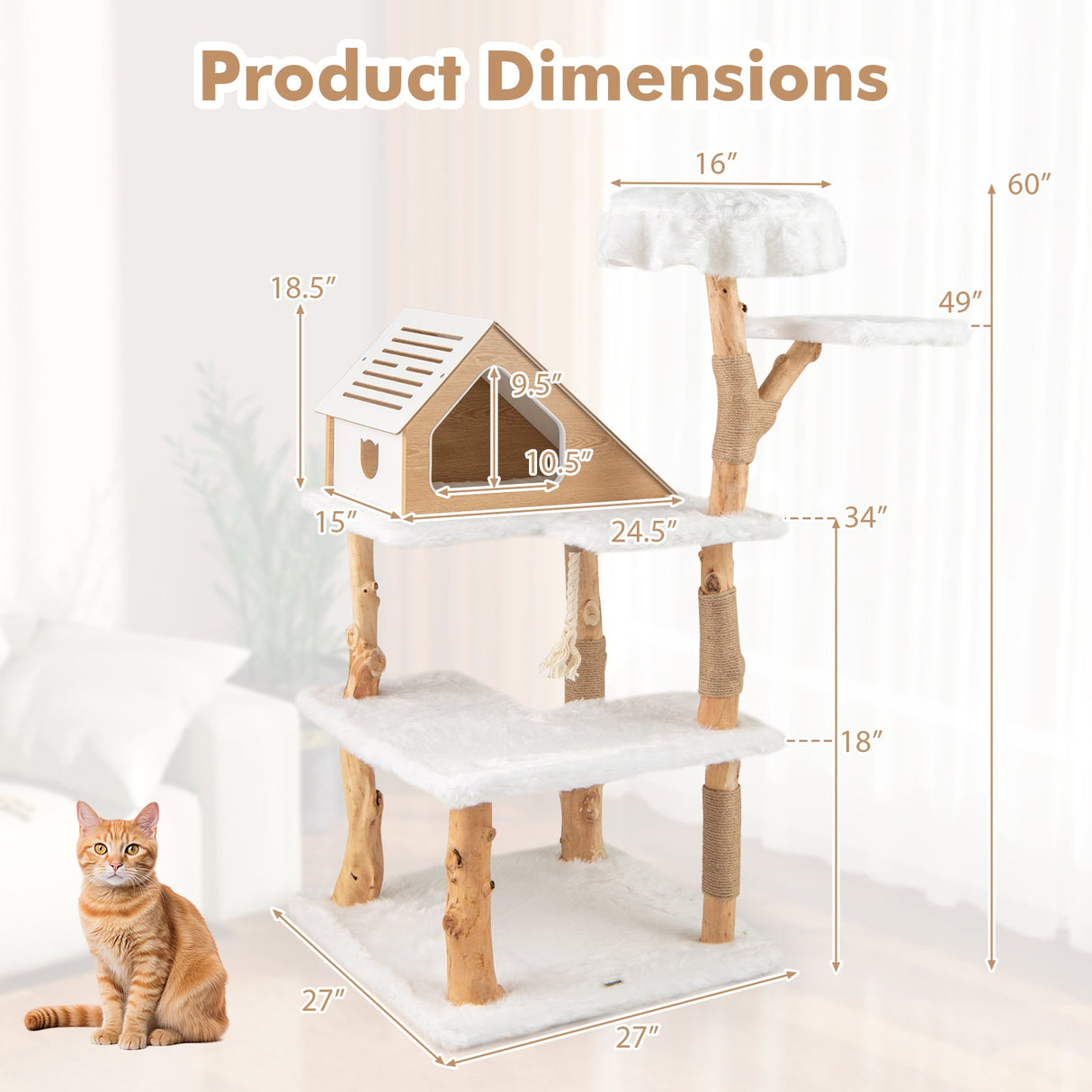 Árbol para gatos de madera maciza de 60 pulgadas de alto, torre rascador moderna con 2 perchas, color blanco