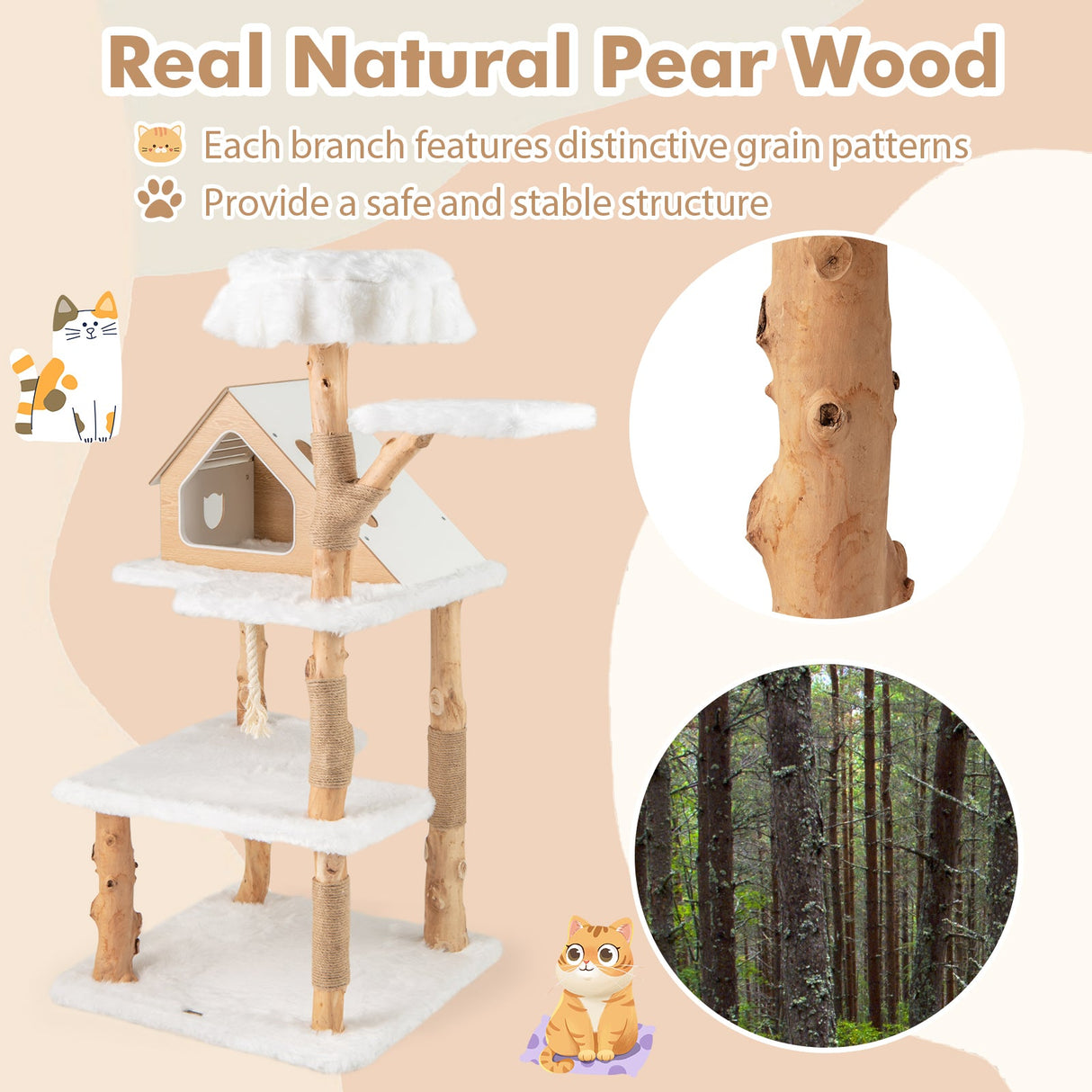 Árbol para gatos de madera maciza de 60 pulgadas de alto, torre rascador moderna con 2 perchas, color blanco