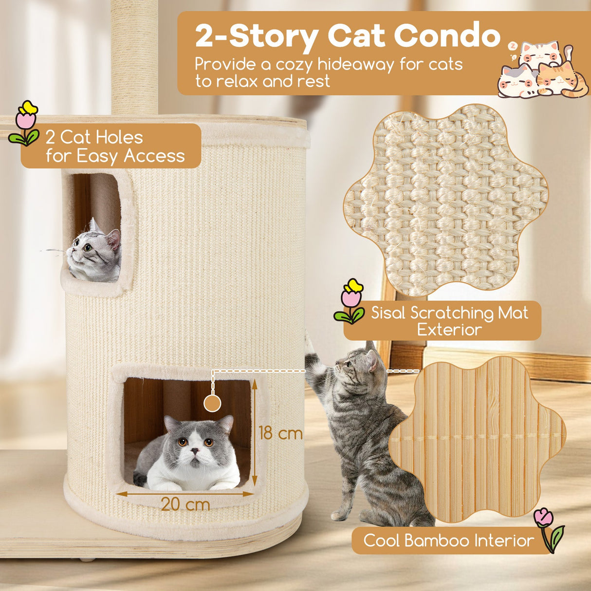 Árbol para gatos de 60 pulgadas de alto con condominio de 2 pisos y postes rascadores de sisal - Natural