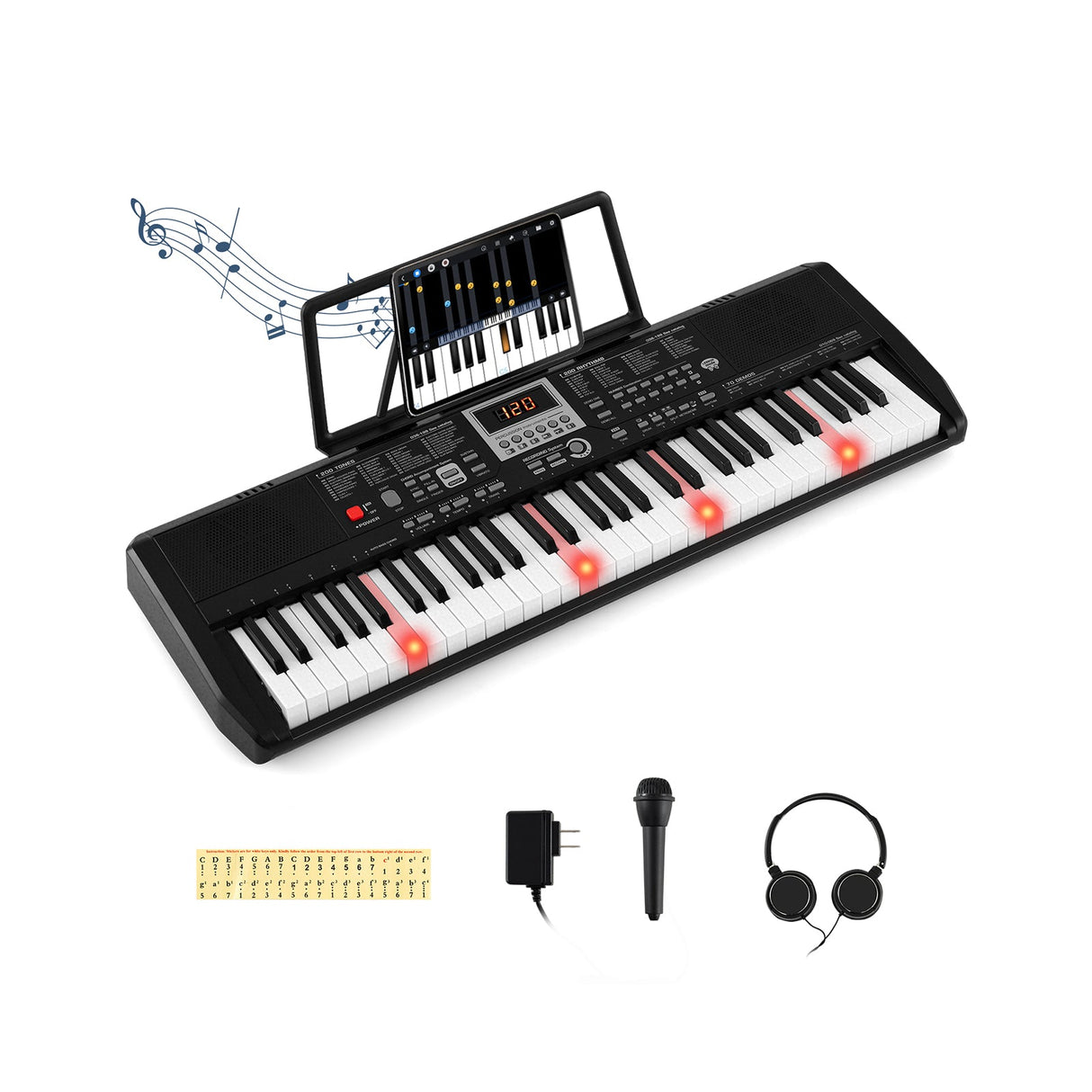 Teclado Portátil de 61 Teclas para Principiantes Kit de Teclado de Piano Eléctrico con 200 Ritmos y 200 Tonos - Negro