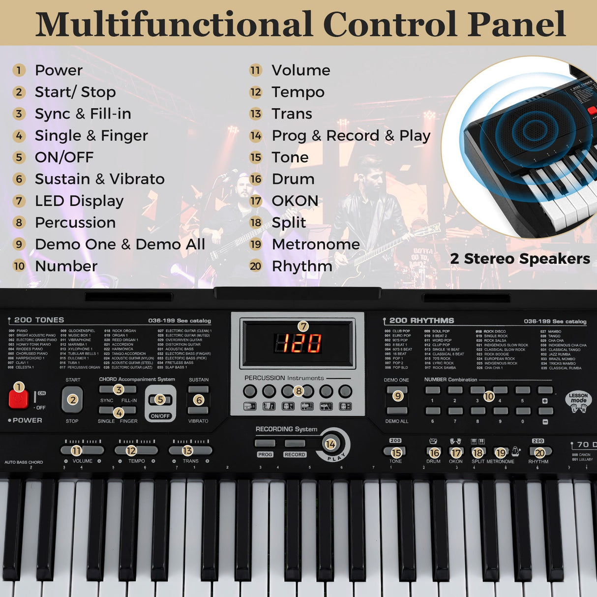 Teclado Portátil de 61 Teclas para Principiantes Kit de Teclado de Piano Eléctrico con 200 Ritmos y 200 Tonos - Negro