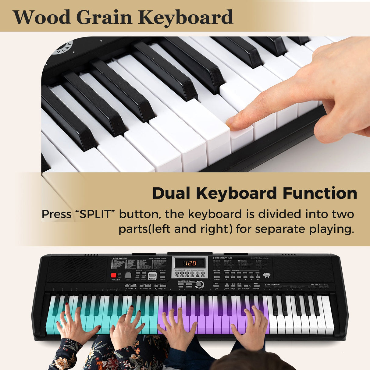 Teclado Portátil de 61 Teclas para Principiantes Kit de Teclado de Piano Eléctrico con 200 Ritmos y 200 Tonos - Negro