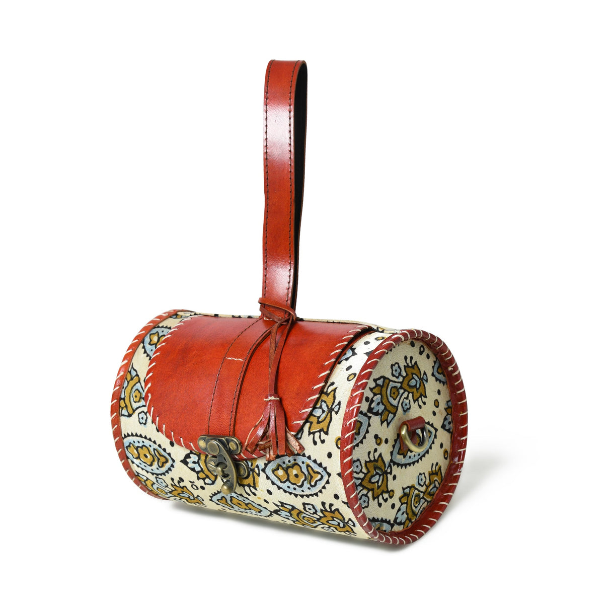 Bolso Cilíndrico de Cuero Estampado con Bloques
