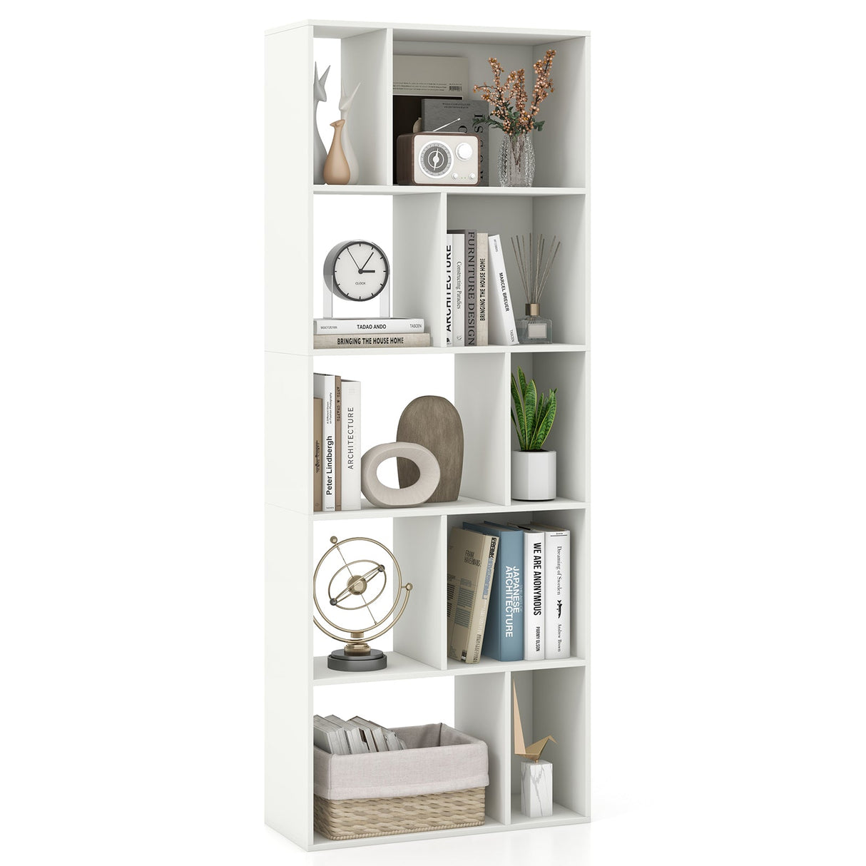 Estantería de 5 niveles y 10 cubos de 63 pulgadas de alto con diseño geométrico - Blanca