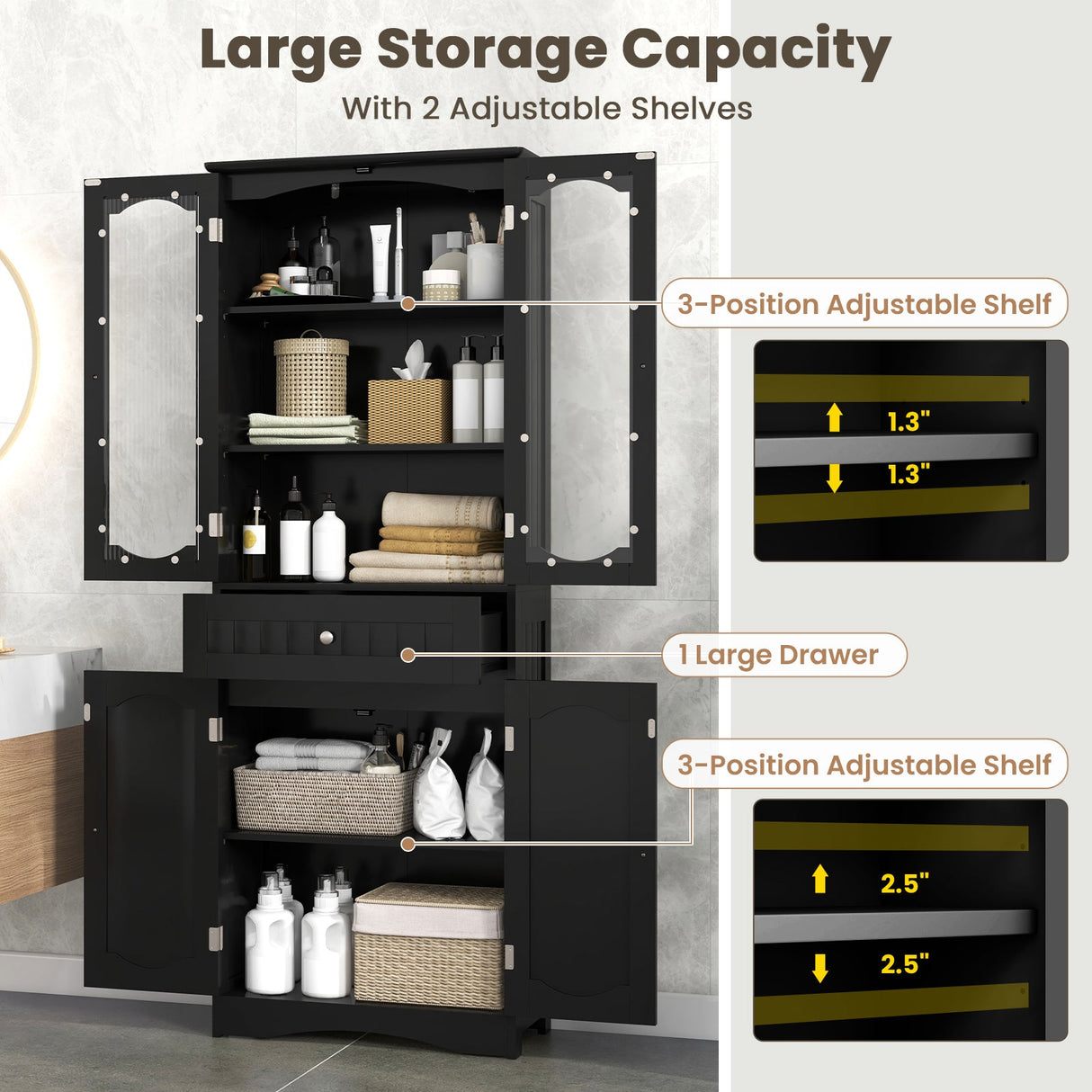 63 Inch Tall Bathroom Storage Cabinet with 2 Glass Doors and Adjustable Shelves Drawer