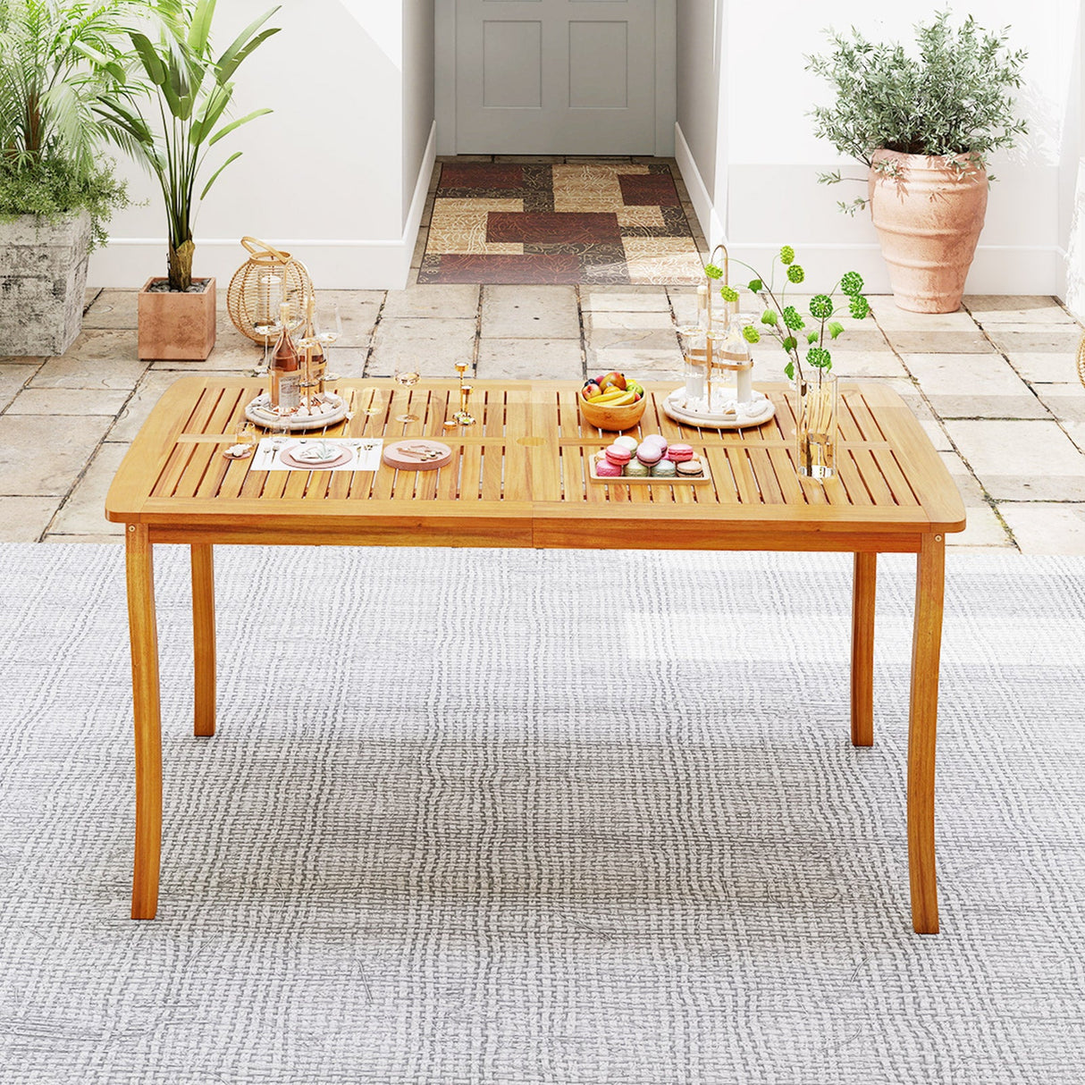 Mesa de comedor de exterior de 63 pulgadas con orificio para sombrilla, muebles de bistró estilo casa de campo