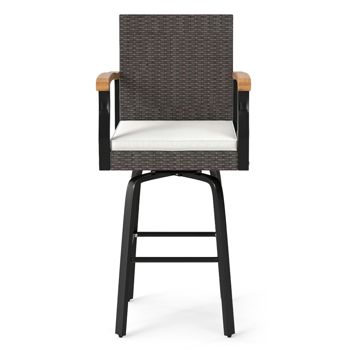 Set of 2 Outdoor 360° Swivel Bar Stool with Cushion and Acacia Wood Armrests