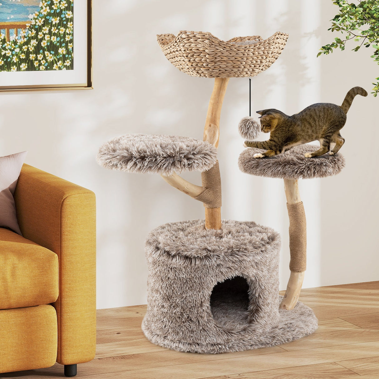 Árbol para gatos de madera maciza, árbol para gatos de peral con plataforma y postes rascadores de sisal - Marrón