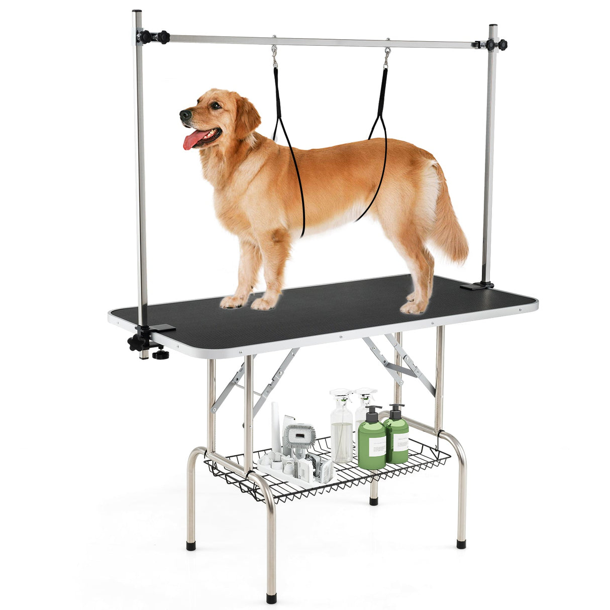 Mesa de peluquería canina plegable con brazos ajustables en altura - Negra