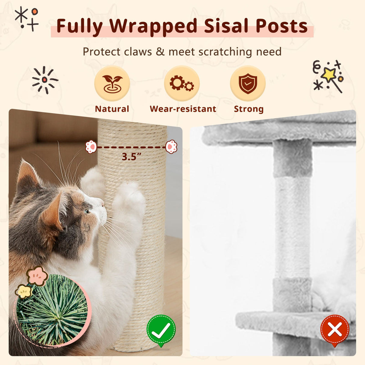 Torre Rascador Moderna para Gatos de 67 Pulgadas con Plataforma Superior y Postes Rascadores de Cuerda de Sisal - Natural