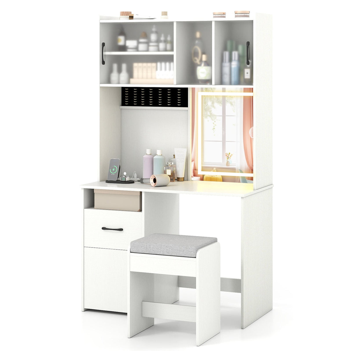 Juego de tocador de 67 pulgadas de alto con espejo, mesa de maquillaje con estación de carga - Blanco