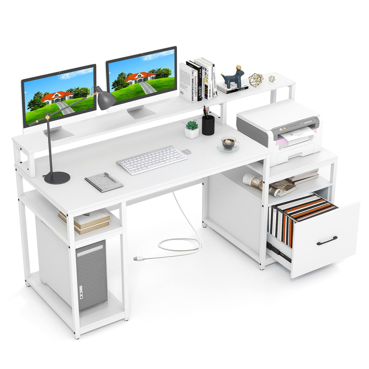 Escritorio de computadora de 67 pulgadas con soporte para monitor y cajón para archivos