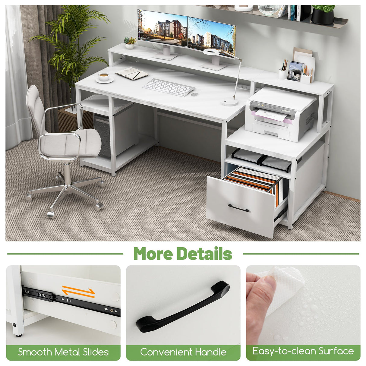 Escritorio de computadora de 67 pulgadas con soporte para monitor y cajón para archivos