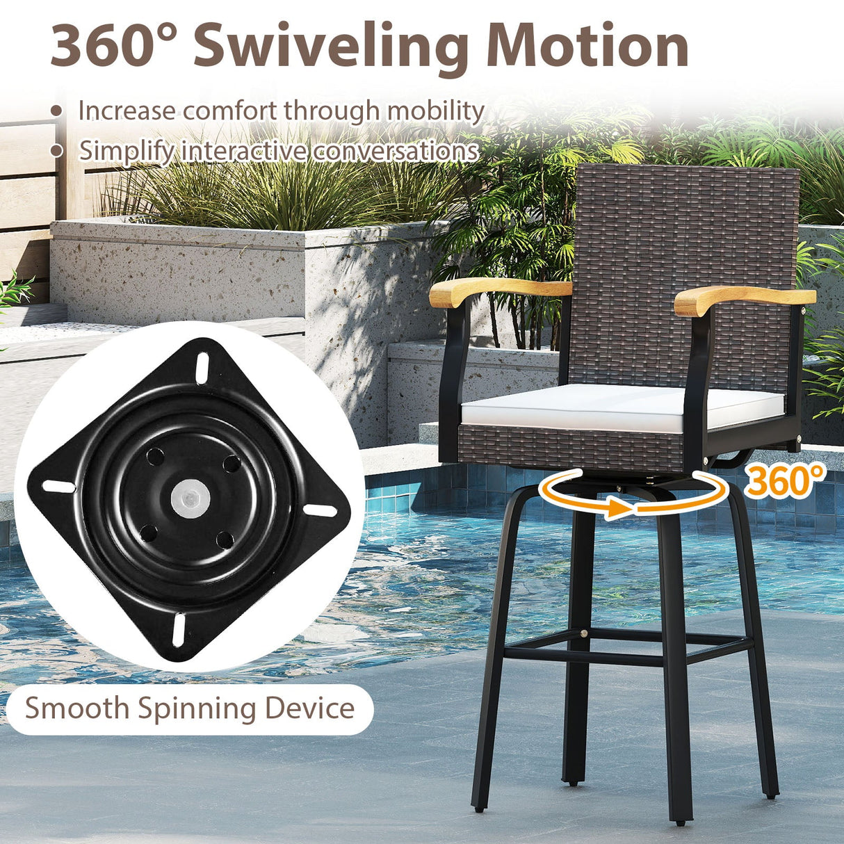 Set of 2 Outdoor 360° Swivel Bar Stool with Cushion and Acacia Wood Armrests