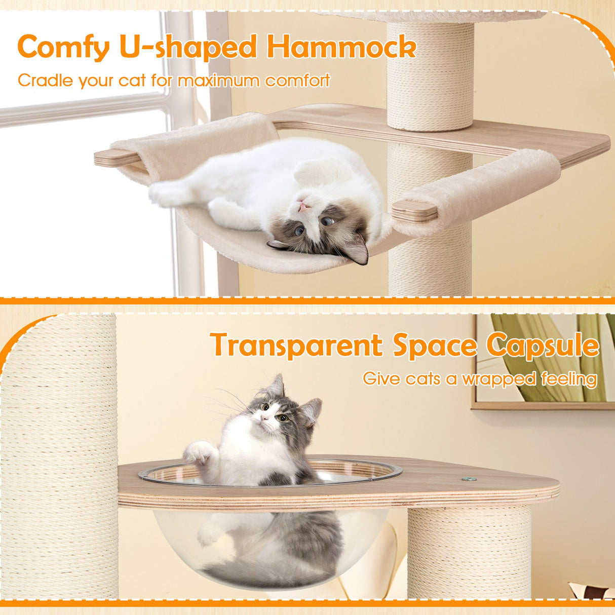 Rascador para gatos de 175 cm de alto con acogedora percha superior y cojines de felpa lavables