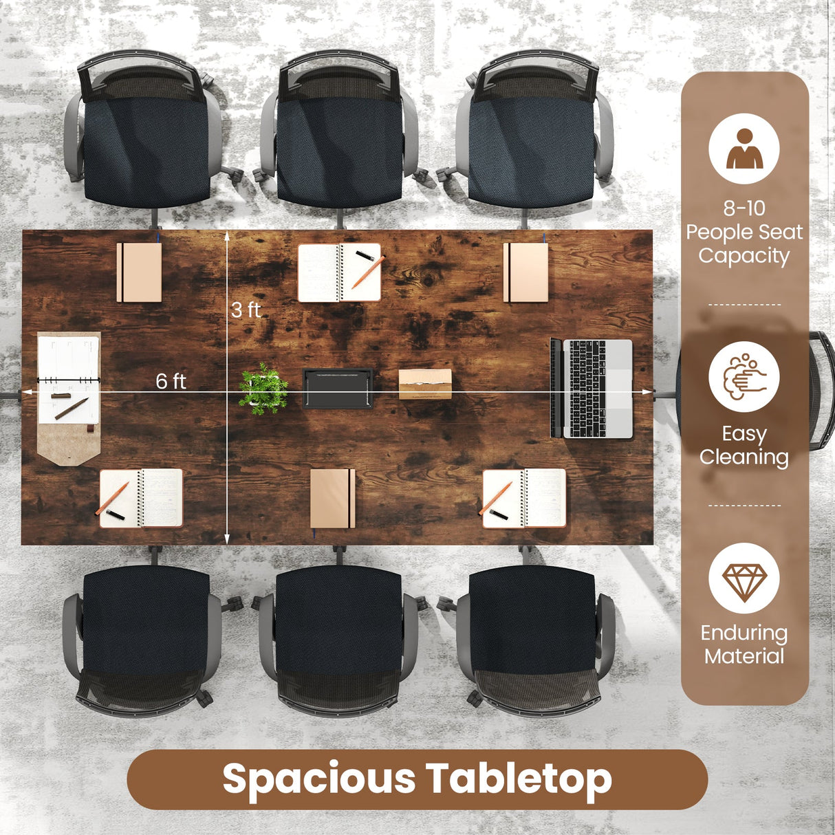 Mesa de conferencia de 6 pies, mesa de reuniones grande, rectangular, capacidad para 8-10 personas, marrón rústico