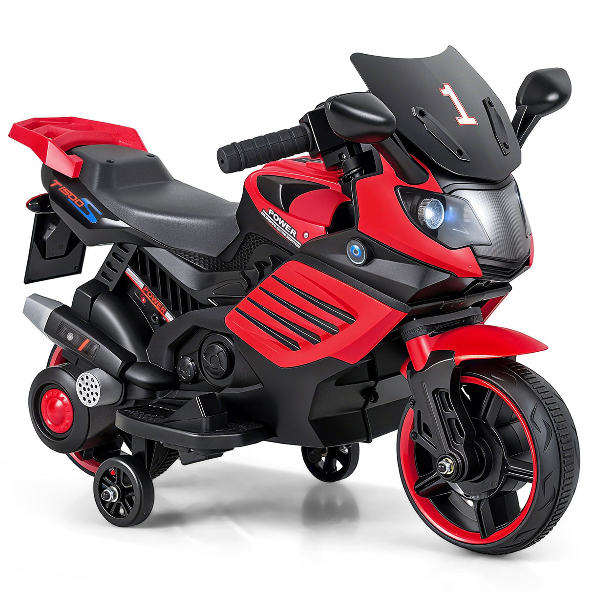 Motocicleta infantil de 6V con faros, música y ruedas de entrenamiento desmontables