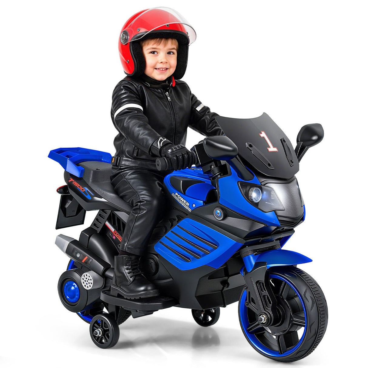 Motocicleta infantil de 6V con faros, música y ruedas de entrenamiento desmontables