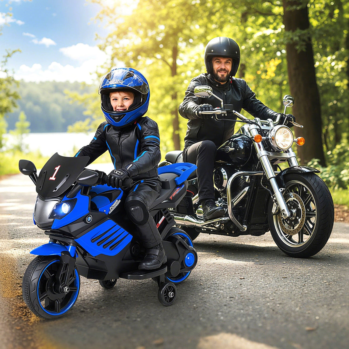 Motocicleta infantil de 6V con faros, música y ruedas de entrenamiento desmontables