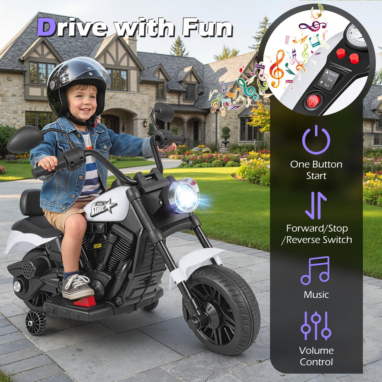 Motocicleta para niños de 6 V con faro, música y ruedas de apoyo