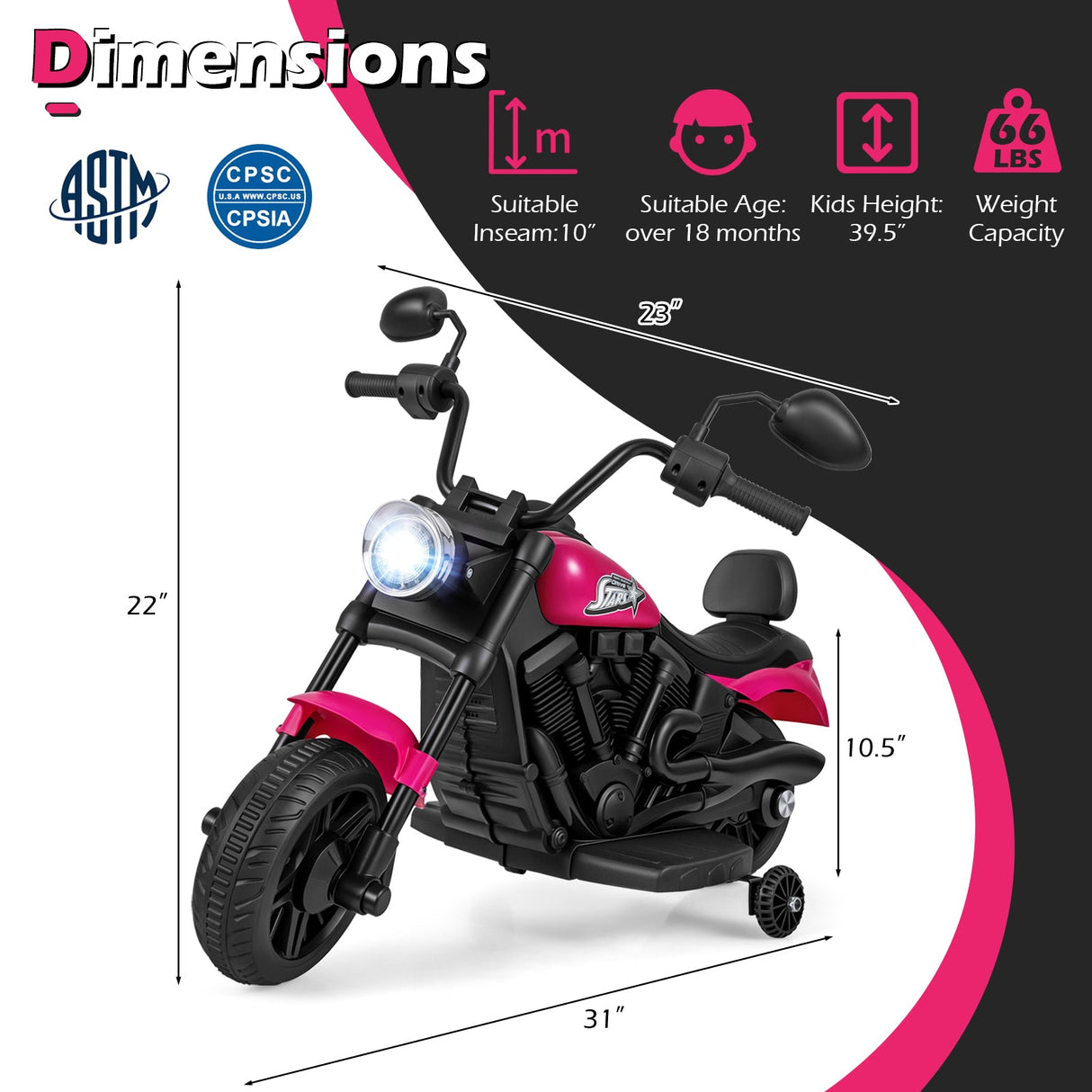 Motocicleta para niños de 6 V con faro, música y ruedas de apoyo