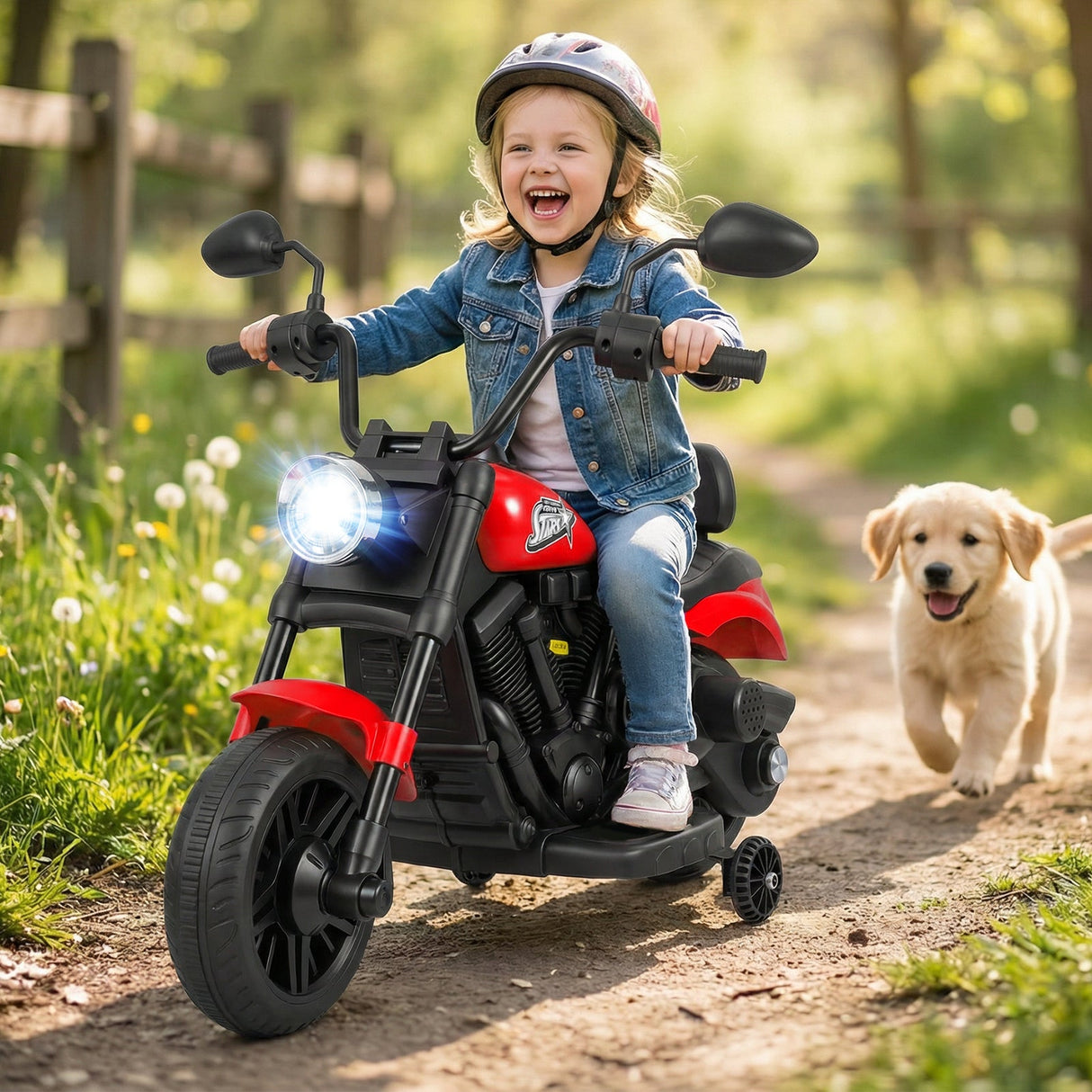 Motocicleta para niños de 6 V con faro, música y ruedas de apoyo