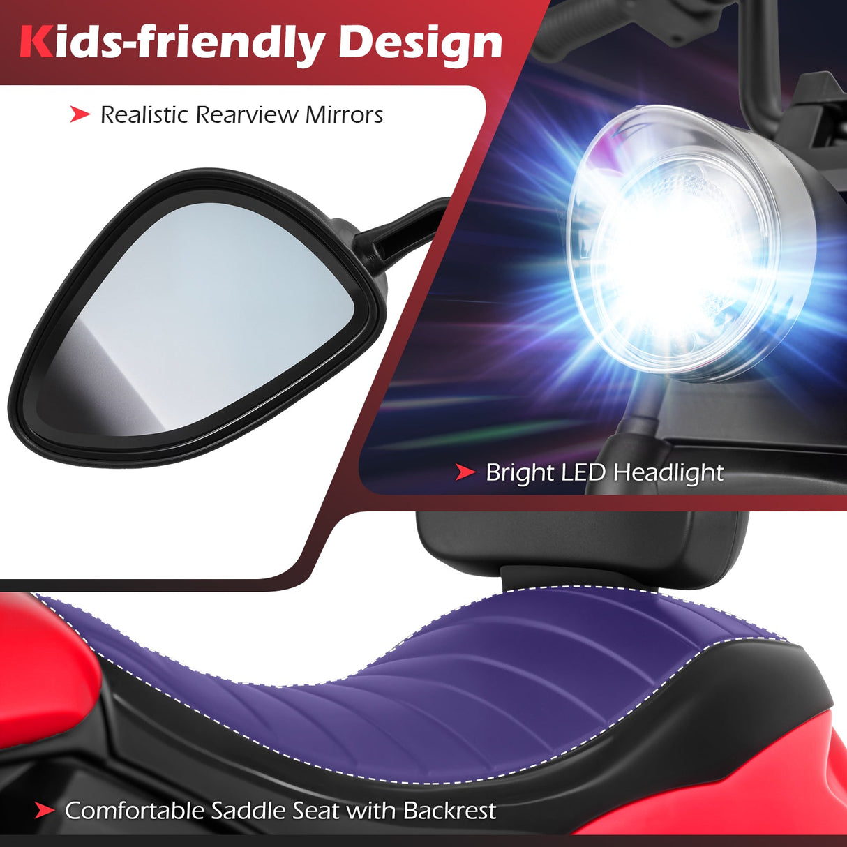 Motocicleta para niños de 6 V con faro, música y ruedas de apoyo