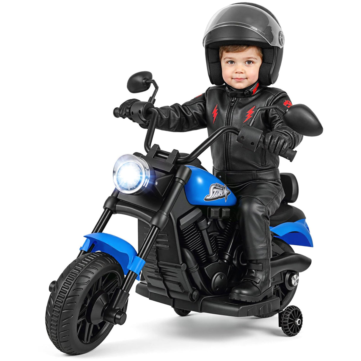 Motocicleta para niños de 6 V con faro, música y ruedas de apoyo