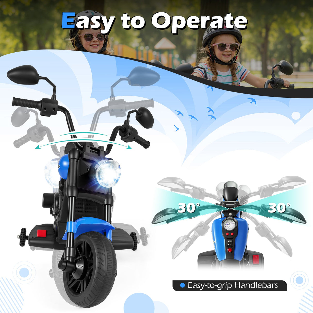 Motocicleta para niños de 6 V con faro, música y ruedas de apoyo