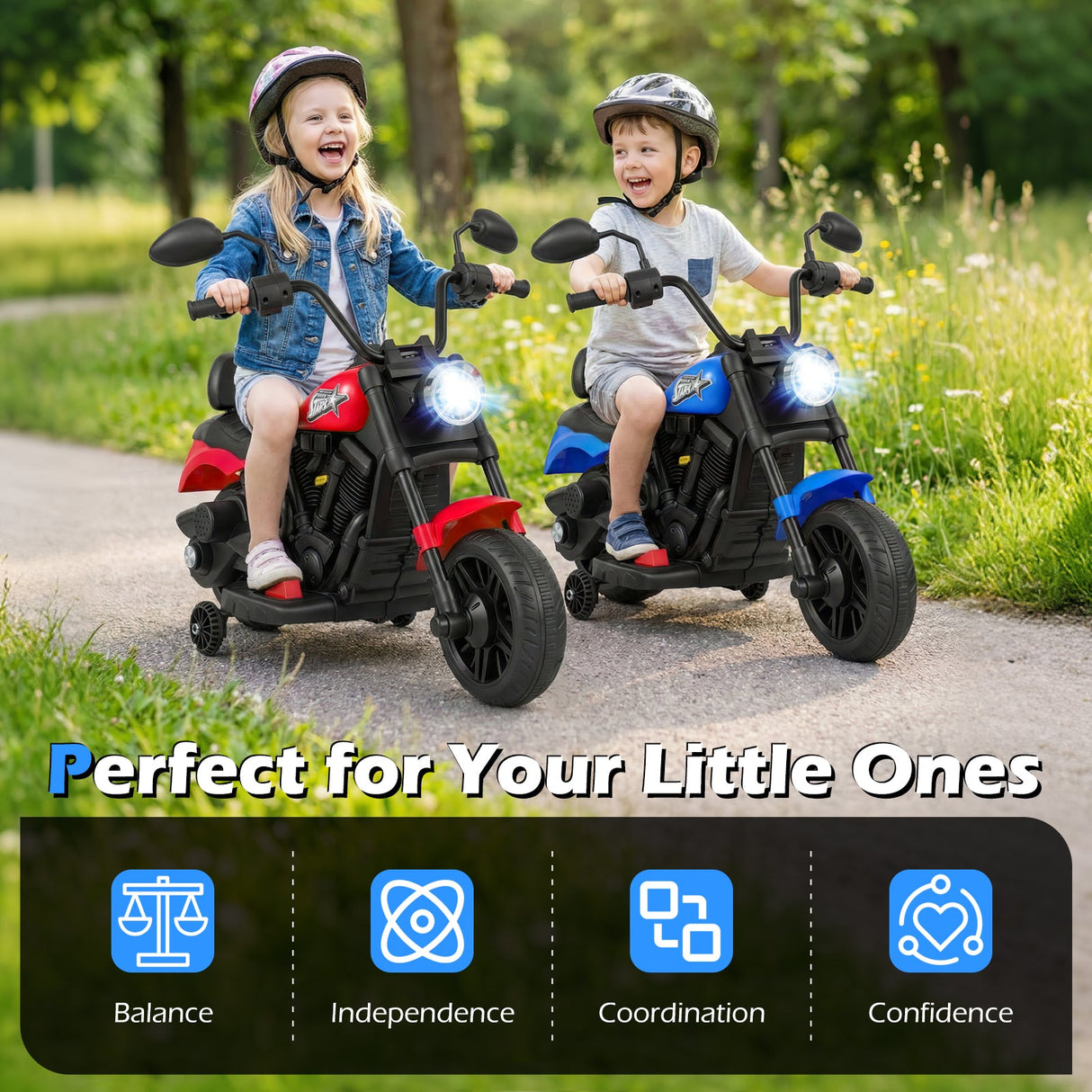 Motocicleta para niños de 6 V con faro, música y ruedas de apoyo
