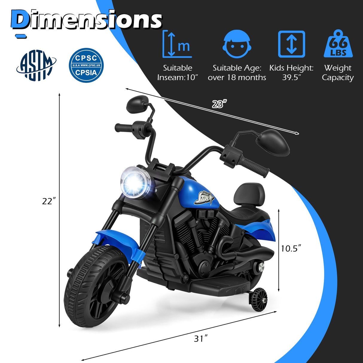 Motocicleta para niños de 6 V con faro, música y ruedas de apoyo