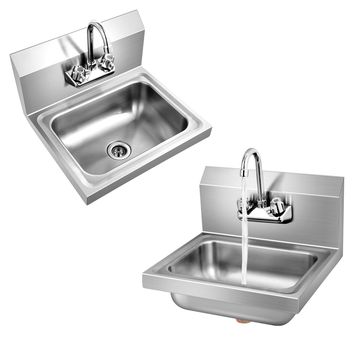 Fregadero de acero inoxidable de montaje en pared para lavarse las manos con grifo y salpicadero trasero