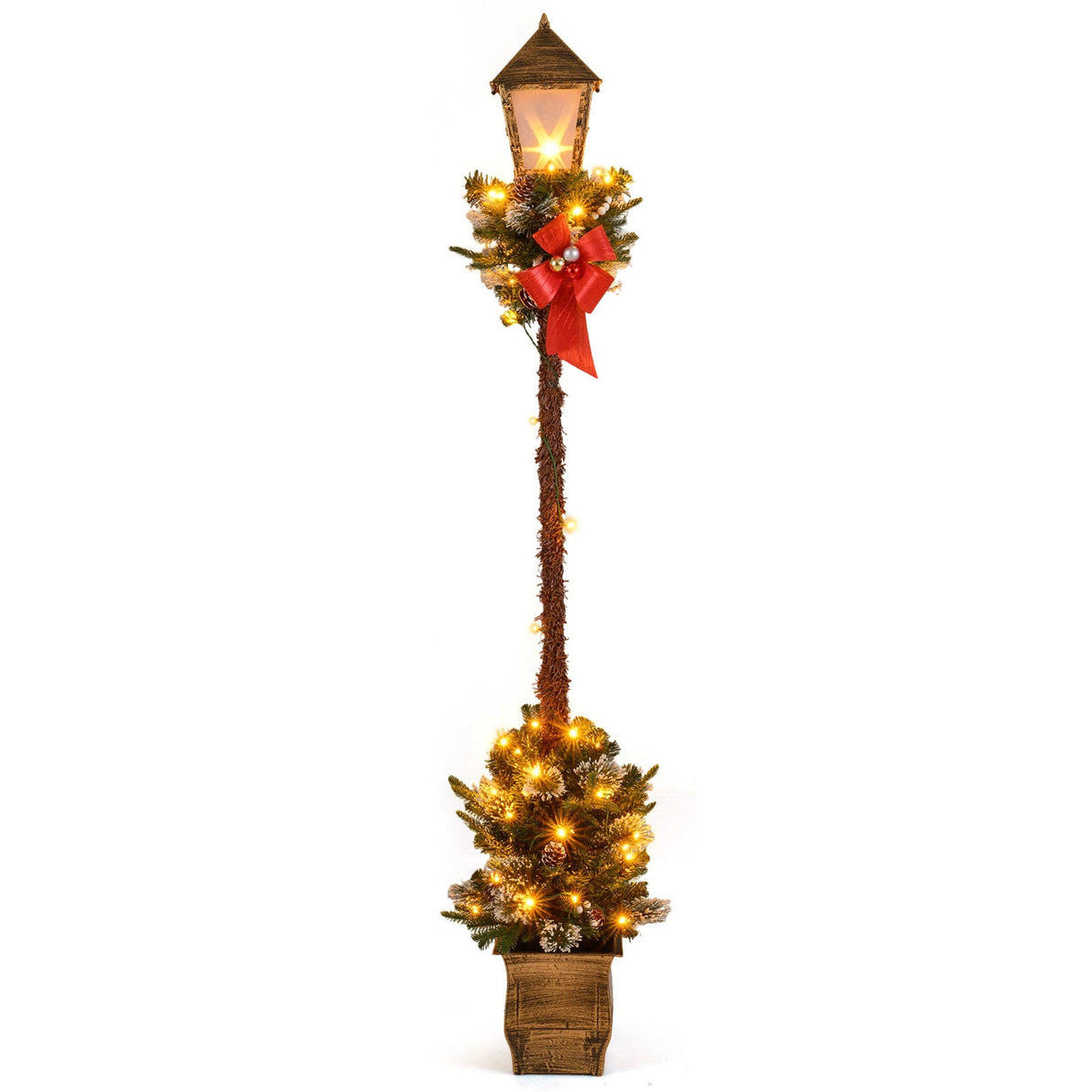 Farol de calle preiluminado de Navidad de 6.1 pies con vegetación artificial y puntas de ramas nevadas