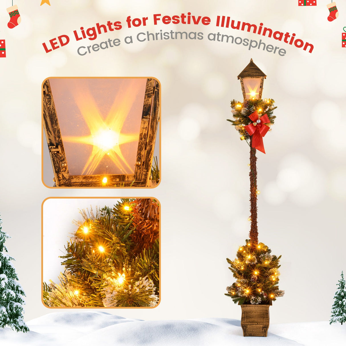 Farol de calle preiluminado de Navidad de 6.1 pies con vegetación artificial y puntas de ramas nevadas