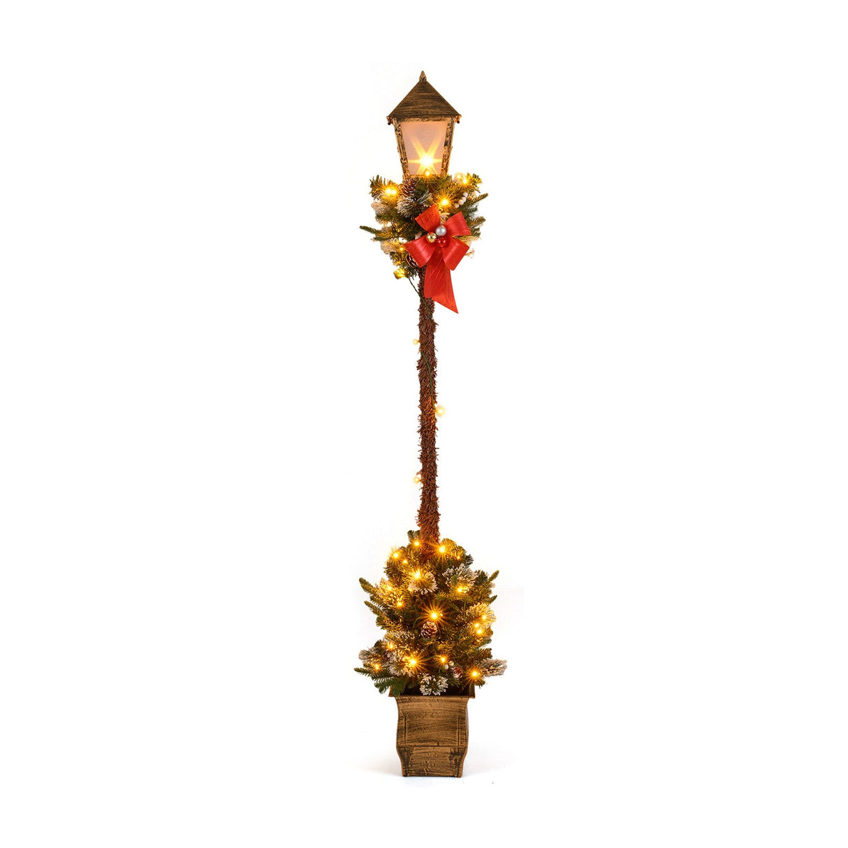 Farol de calle preiluminado de Navidad de 6.1 pies con vegetación artificial y puntas de ramas nevadas