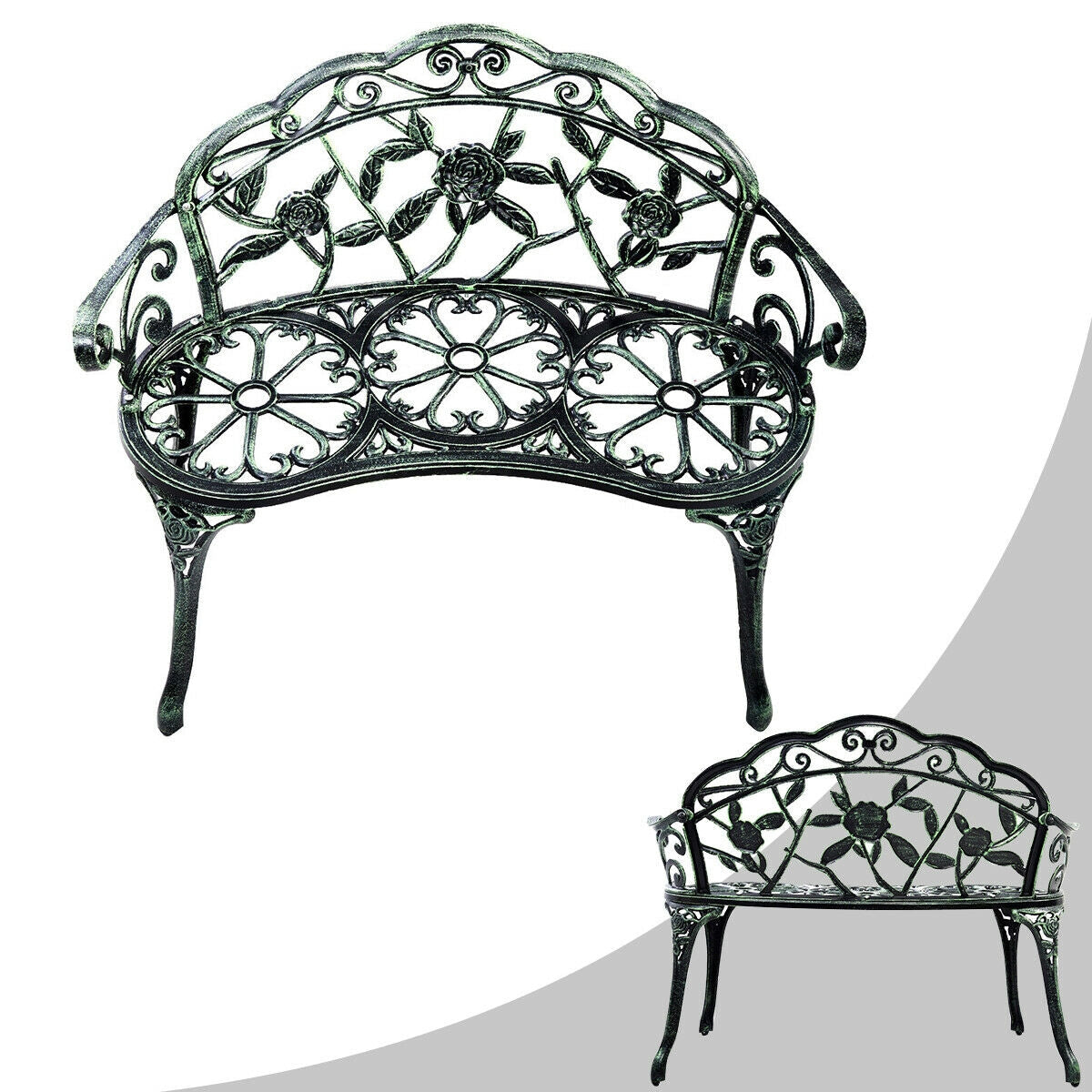 Banco de patio de aluminio fundido para exterior, diseño Rosa Antigua