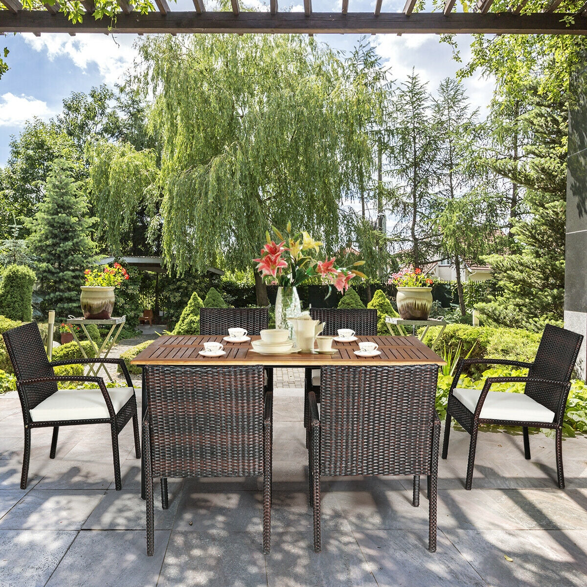 Juego de comedor de ratán acolchado de 7 piezas para patio con agujero para sombrilla