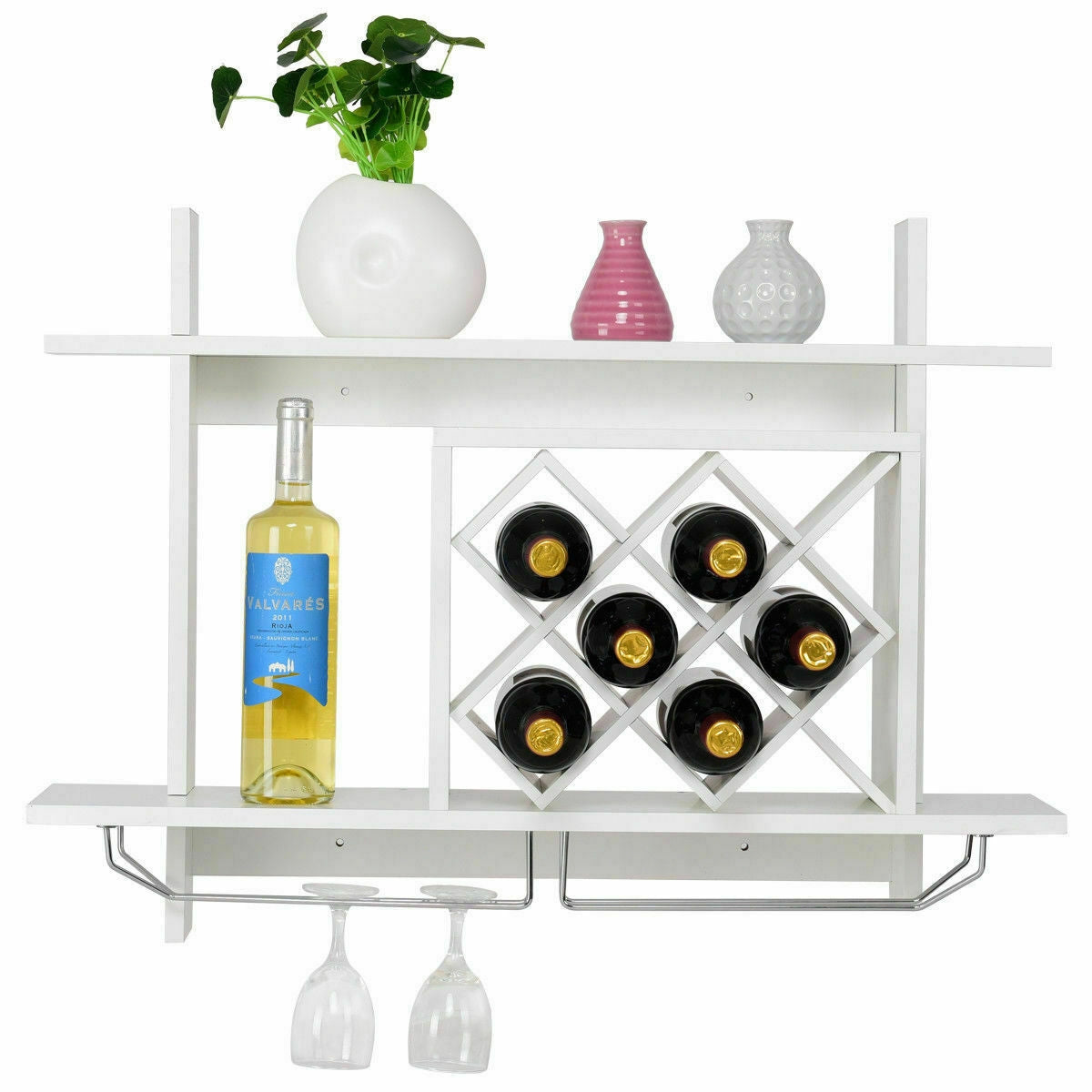 Botellero de pared organizador con estante de almacenamiento y soporte para copas