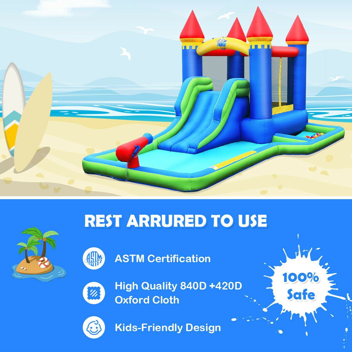 Casa inflable para niños con tobogán de agua sin soplador