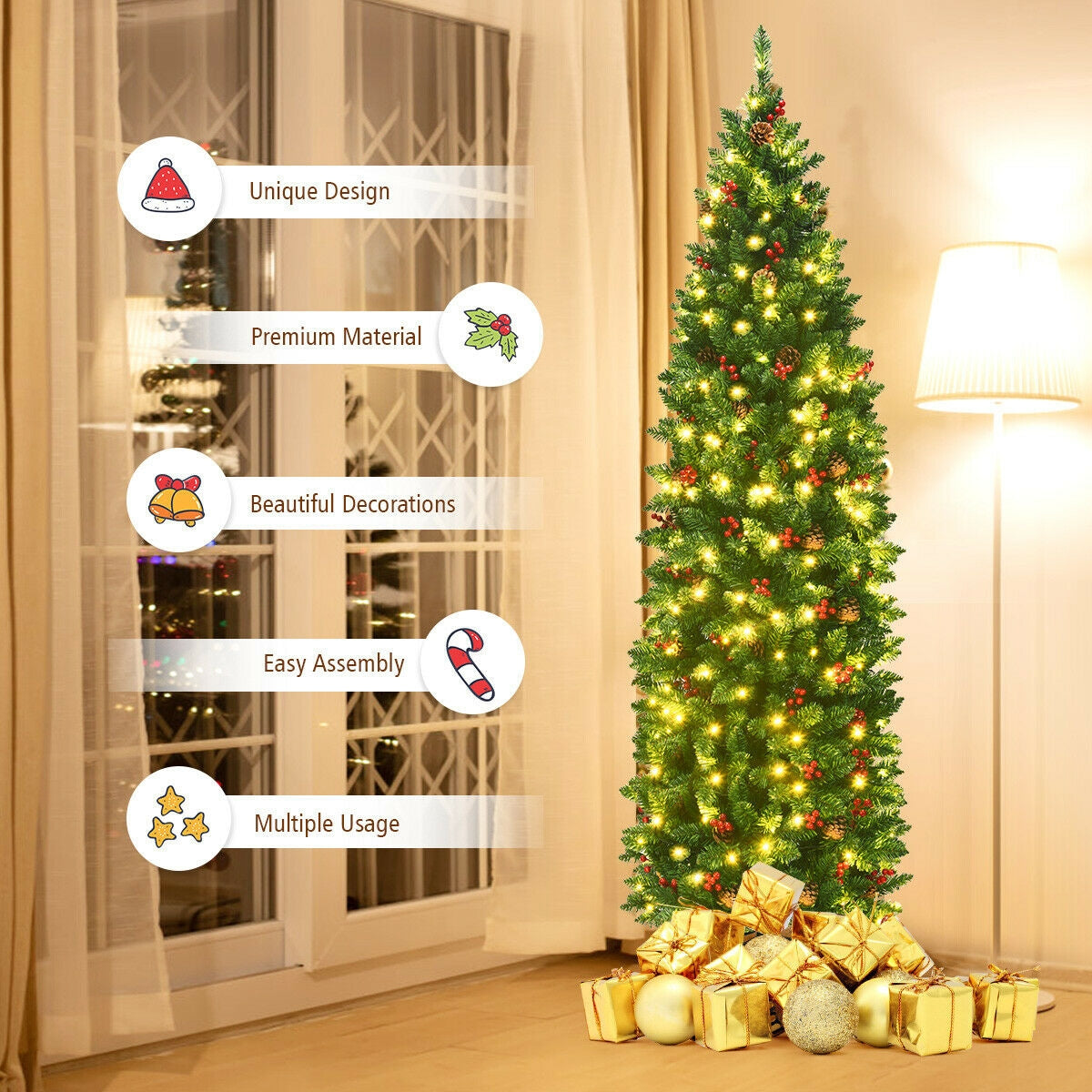 Árbol de Navidad estrecho preiluminado de 6.5 pies con bisagras