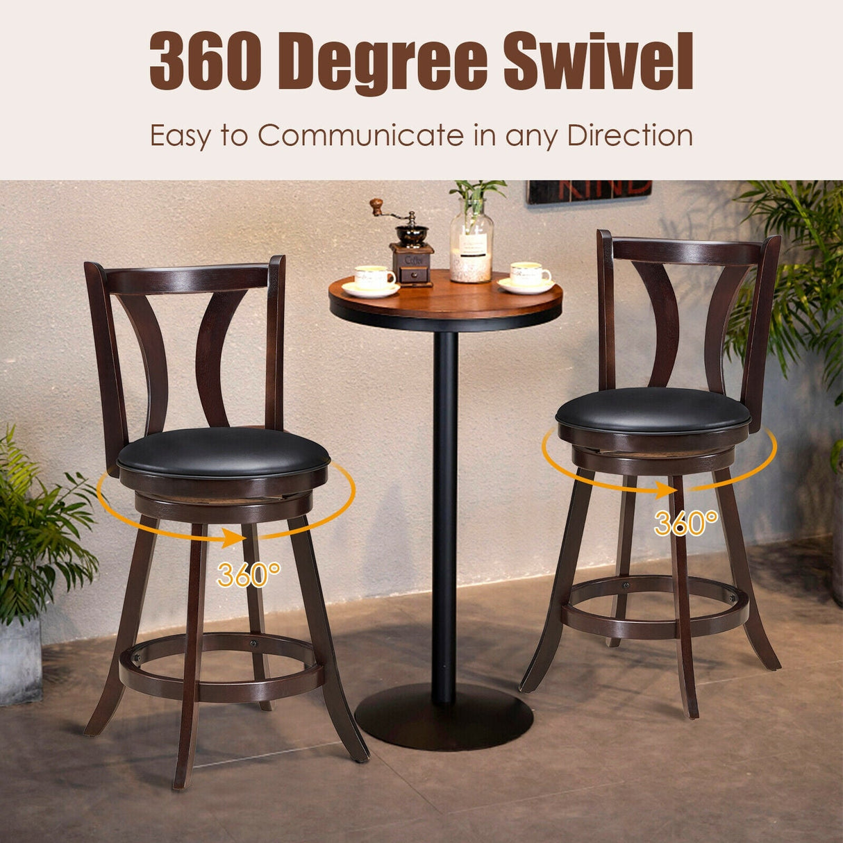 Juego de 2 taburetes giratorios de bar de 24 pulgadas de altura de mostrador, sillas de cocina y comedor con asiento de cuero acolchado