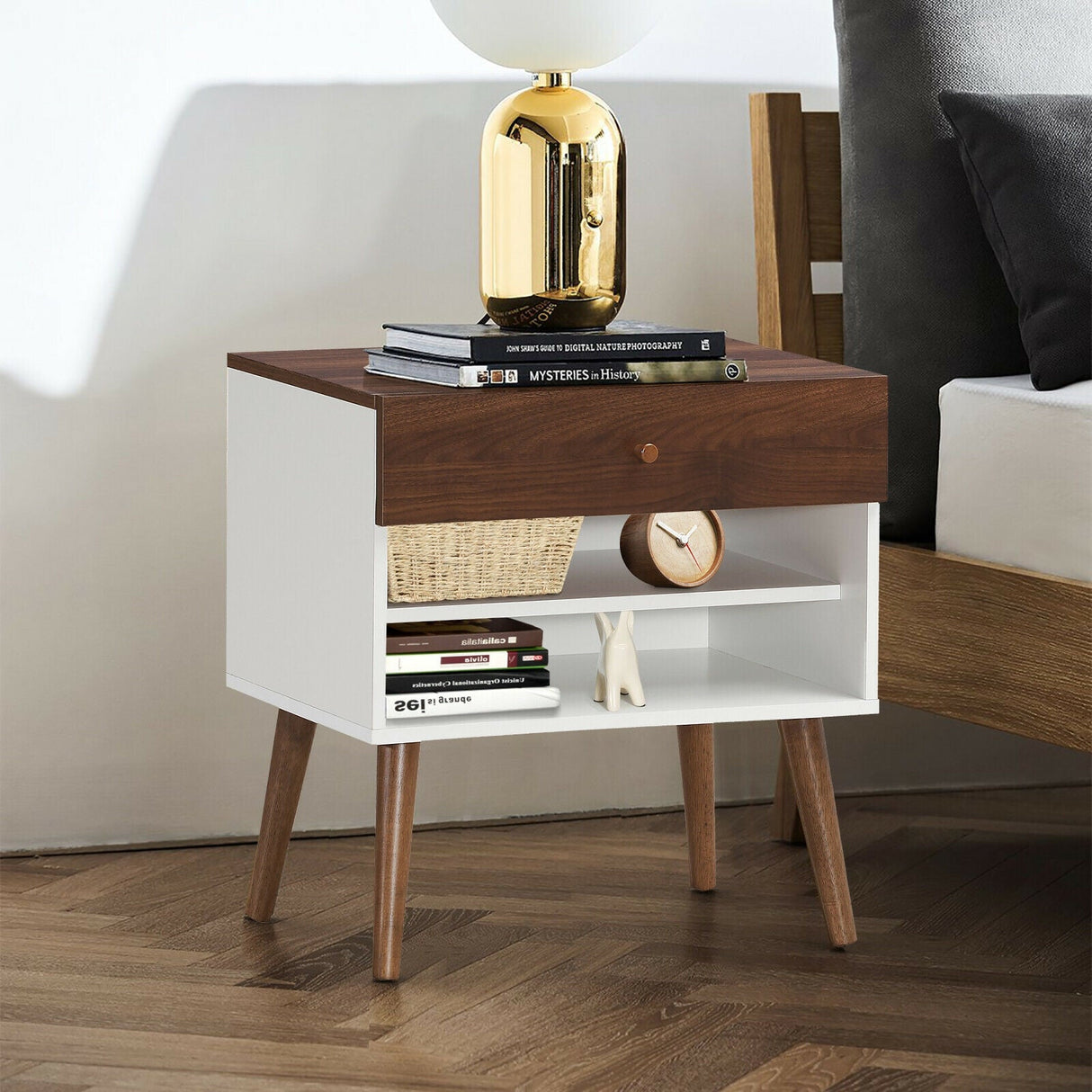 Mesita de Noche Mid-Century con Cajón y Patas de Madera de Caucho
