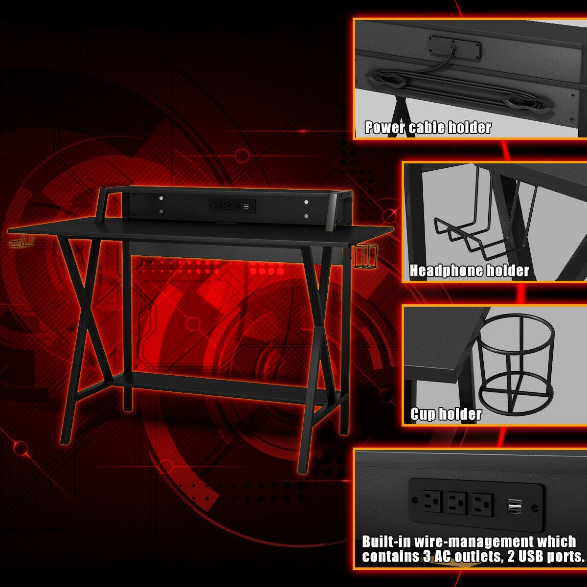 Escritorio gaming profesional todo en uno con soporte para vasos y auriculares