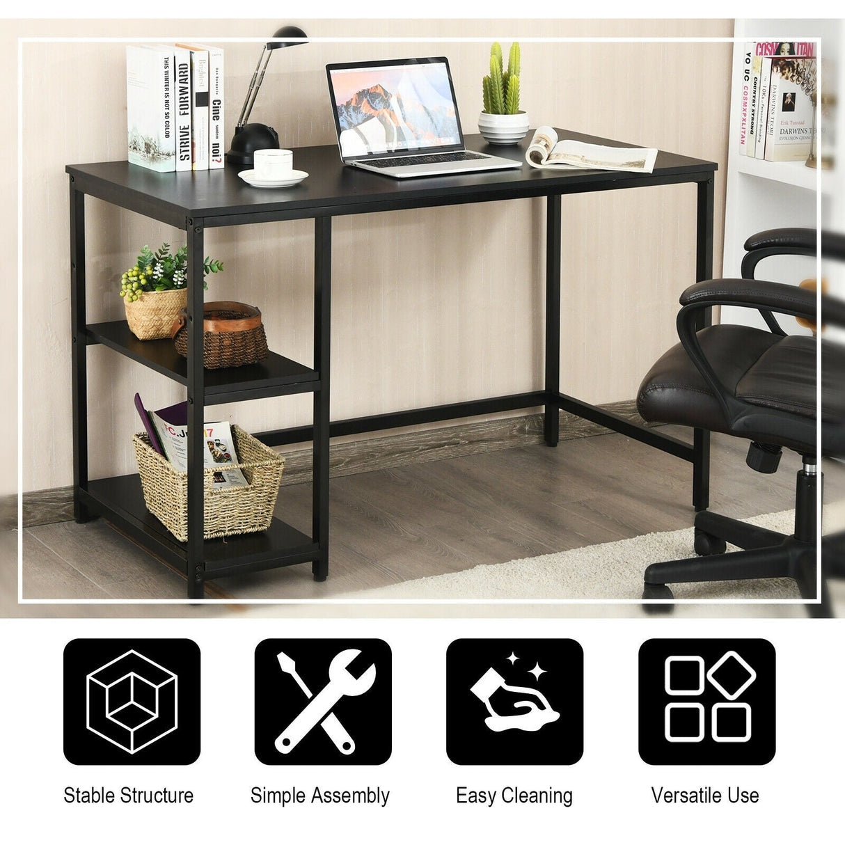 Escritorio de ordenador de 47 pulgadas, mesa de estudio, estación de trabajo para el hogar con estante ajustable, negro