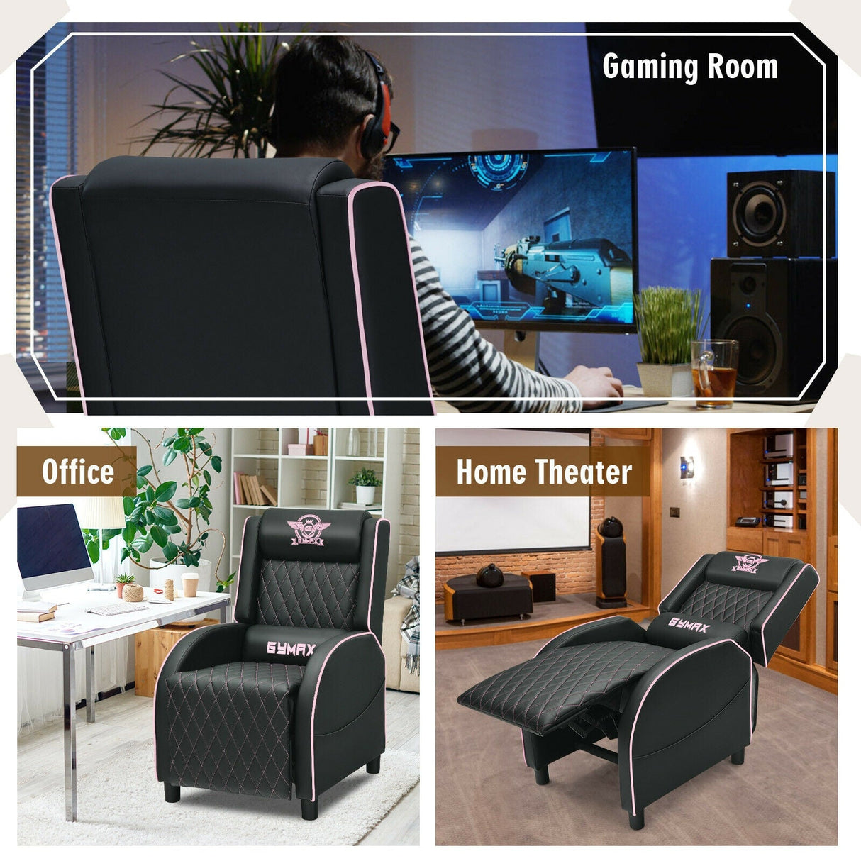 Sillón reclinable de masaje para juegos con reposacabezas y respaldo ajustable para cine en casa